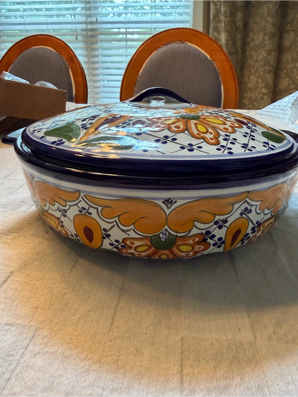 Hand-Painted Ceramic Covered Casserole Dish — Yellow & Blue